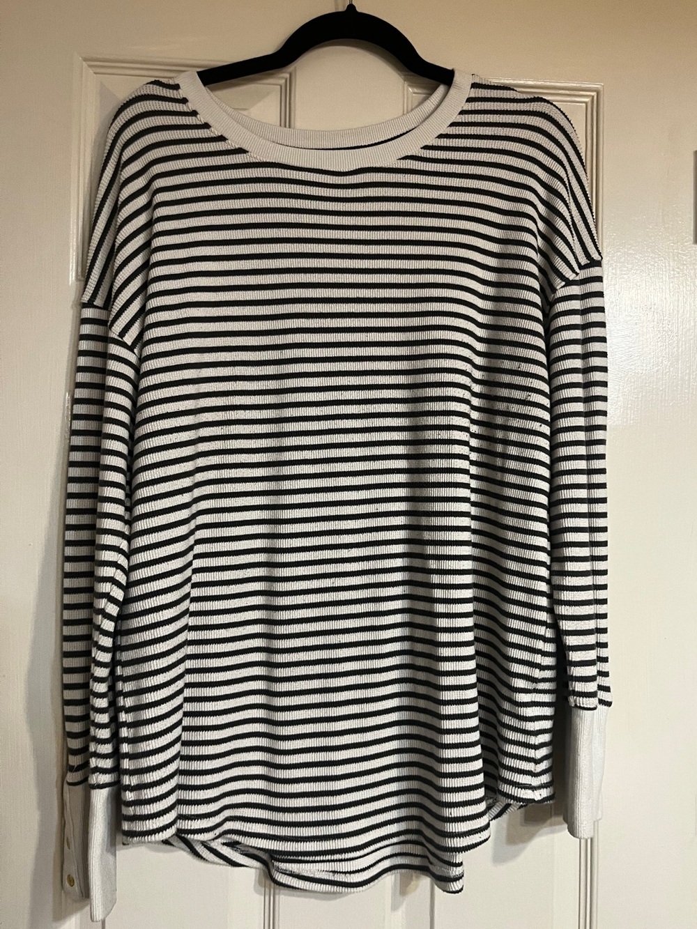 Black and White Striped Crewneck waffleknit top